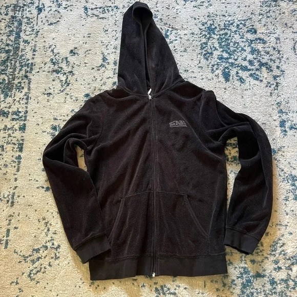 Black Y2K Von Dutch Terry Cloth Hoodie size Large - Picture 1 of 5